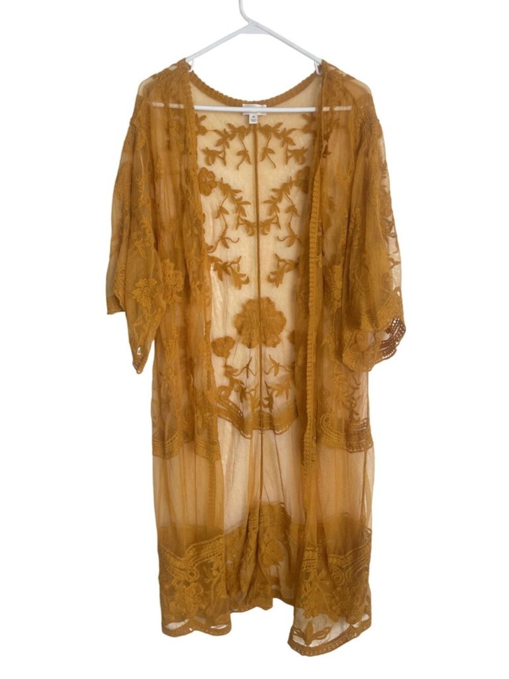 Dizzy Gal Mustard Yellow Floral Embroidered Lace Mesh Kimono Size Medium